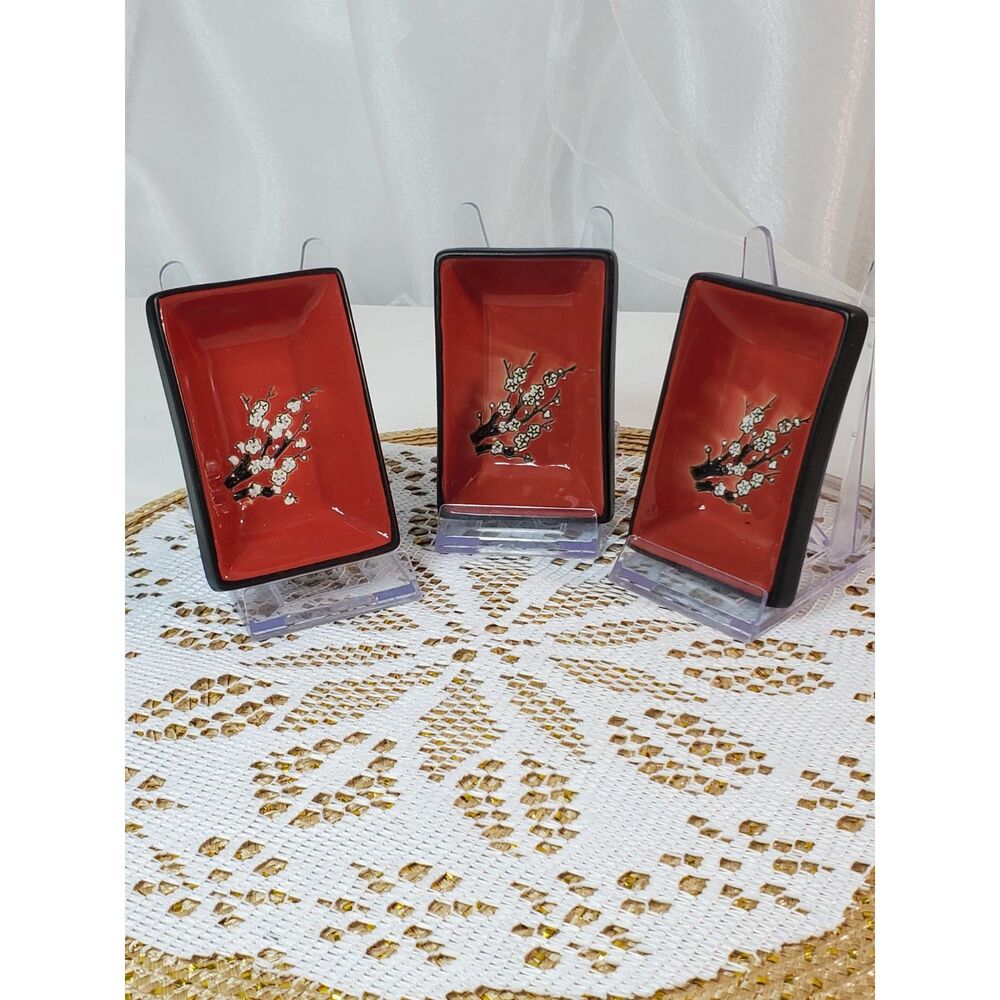 Vintage Visun China Dipping Dishes Red Interior White Flora 3 in the Set Vintage